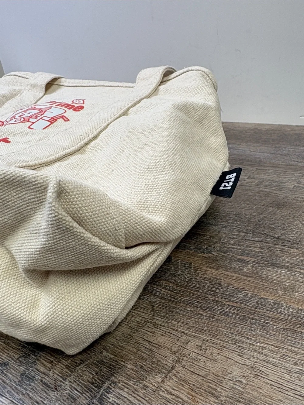 BT21 Free Time Korean Graphic Canvas Zip Tote Bag Cream Red Kawaii